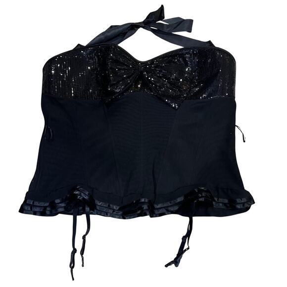 Adore Me Corset Black Hook Eye Bustier Sequin Halter Lingerie Ribbon Garter 4XL - Picture 9 of 9